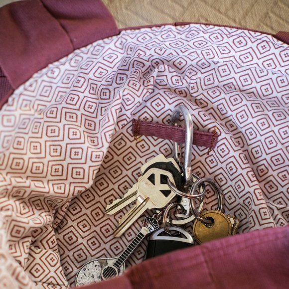 Handmade Upcycled Red Khaki Tote Bag with Hand Embroidery Design - Picture 2 of 6